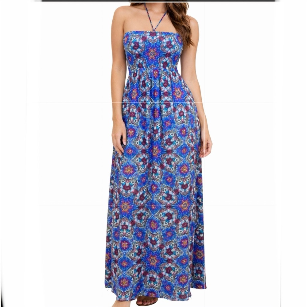 Blue Floral Strapless Maxi Dress